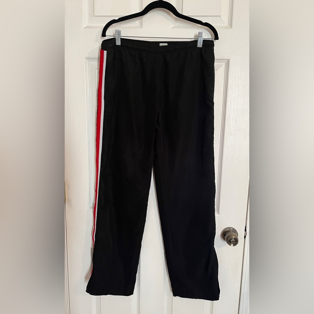 East West Black Track Pants Red White Side Stripe Zip Ankle Athleisure | Small